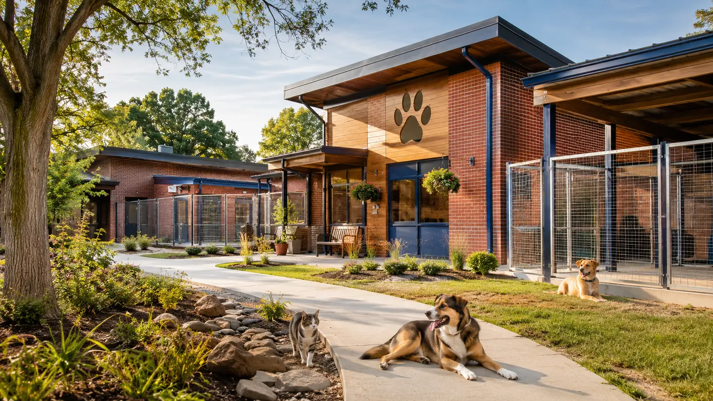 People-free humane animal rescue campus with healthy dogs and a cat in landscaped grounds