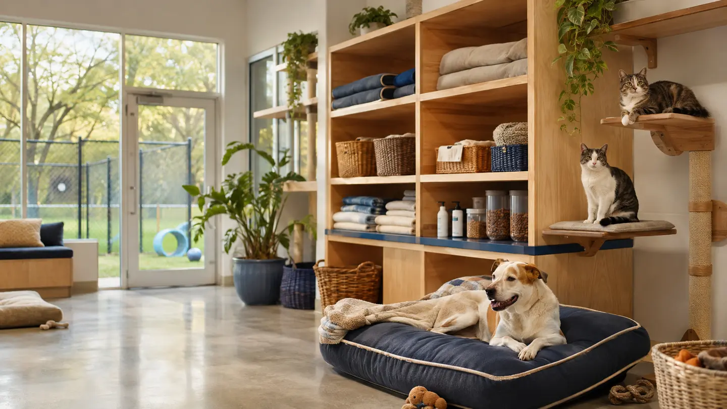 People-free animal shelter enrichment room with a relaxed rescue dog and two cats