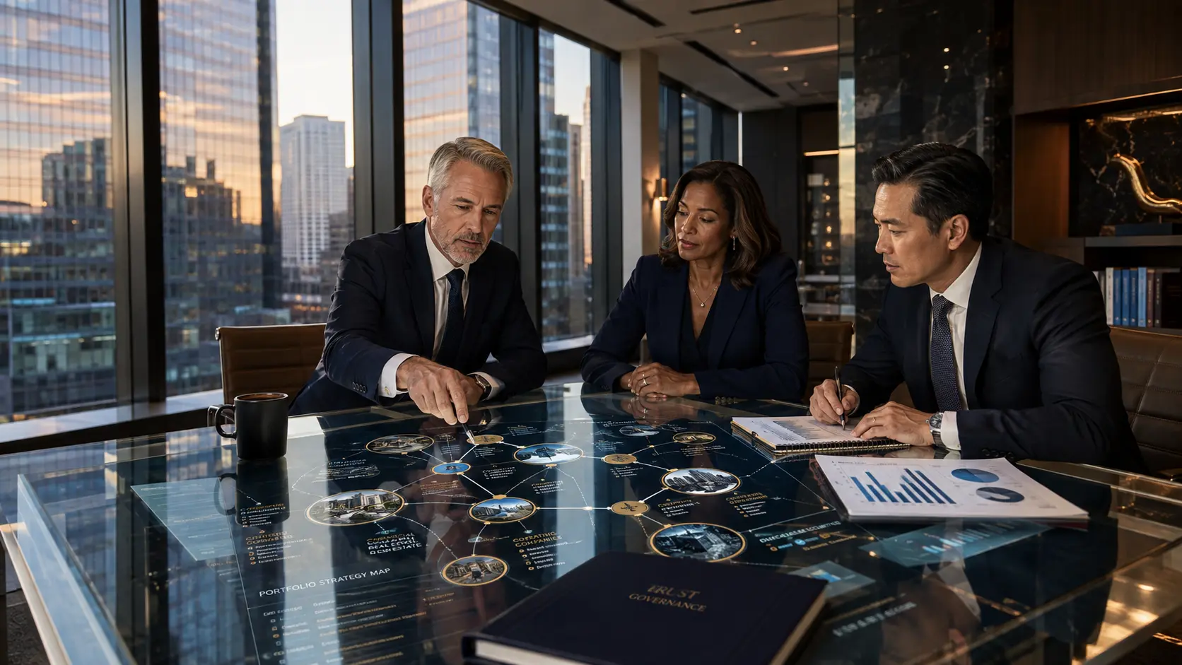 Investment-trust professionals reviewing a diversified portfolio strategy and governance map in an executive meeting room