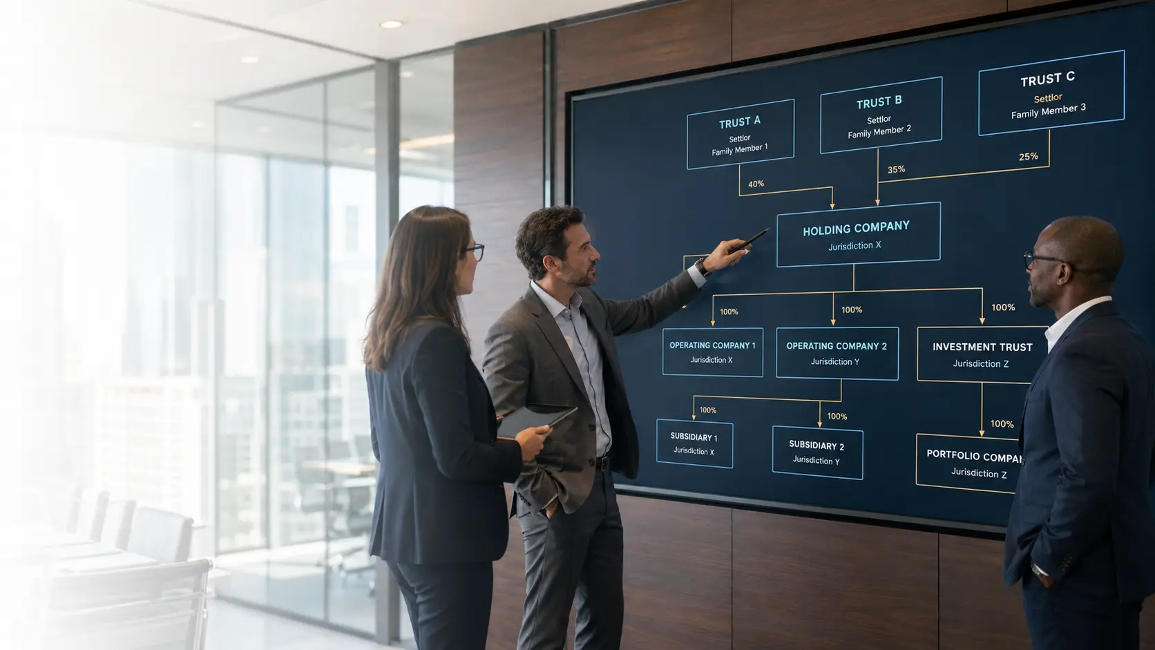 Professionals reviewing a digital ownership map connecting trusts, holding companies, operating companies, and investment entities