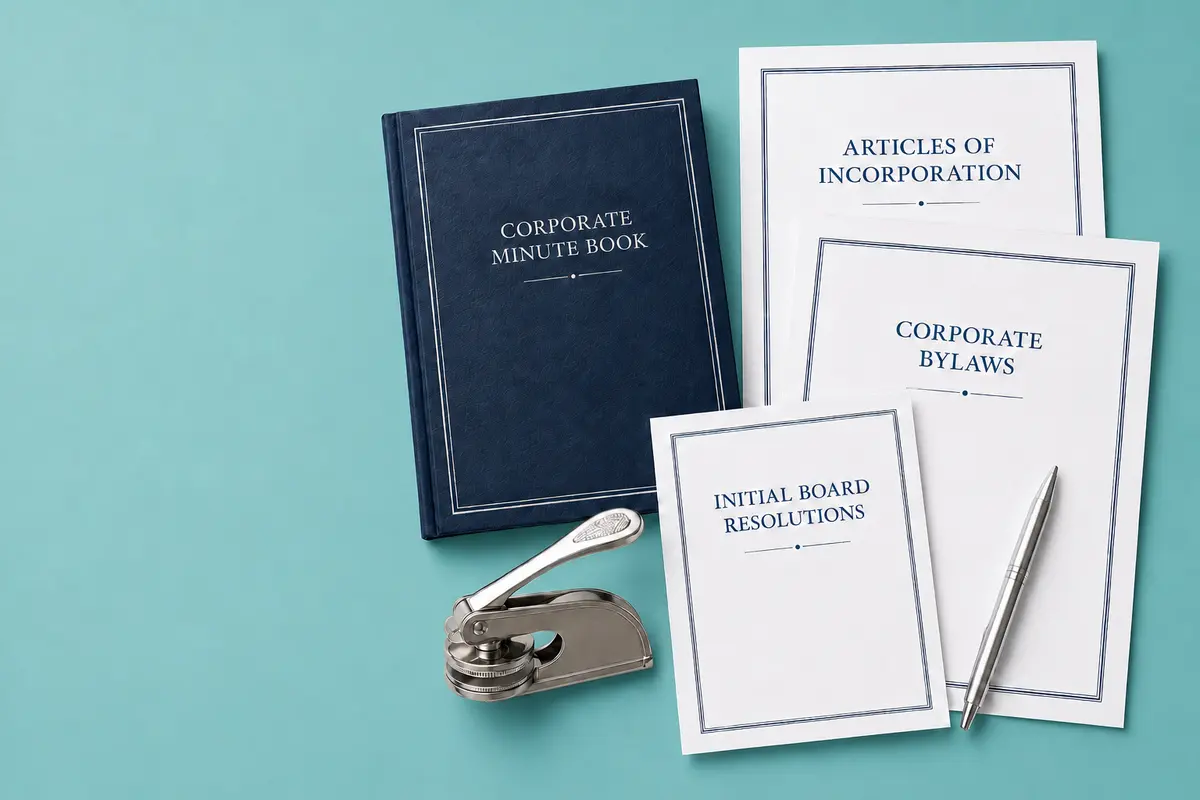 Corporate minute book, Articles of Incorporation, corporate bylaws, initial board resolutions, and corporate seal