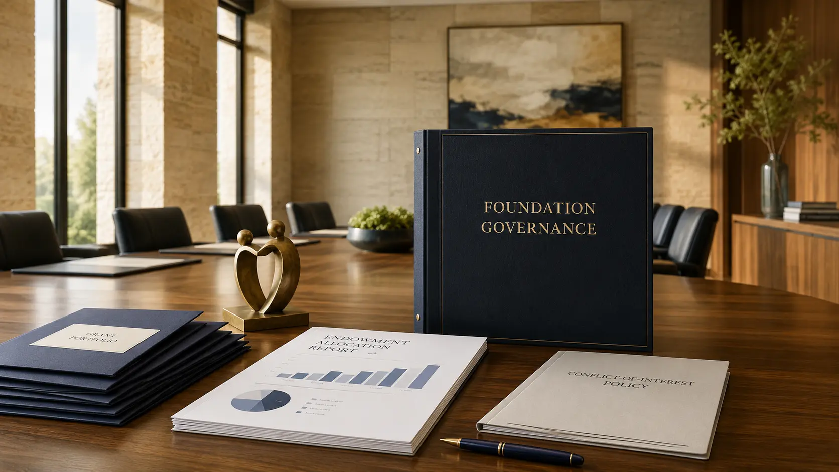 Foundation governance binder, endowment report, grant portfolio, and policy records in a refined boardroom