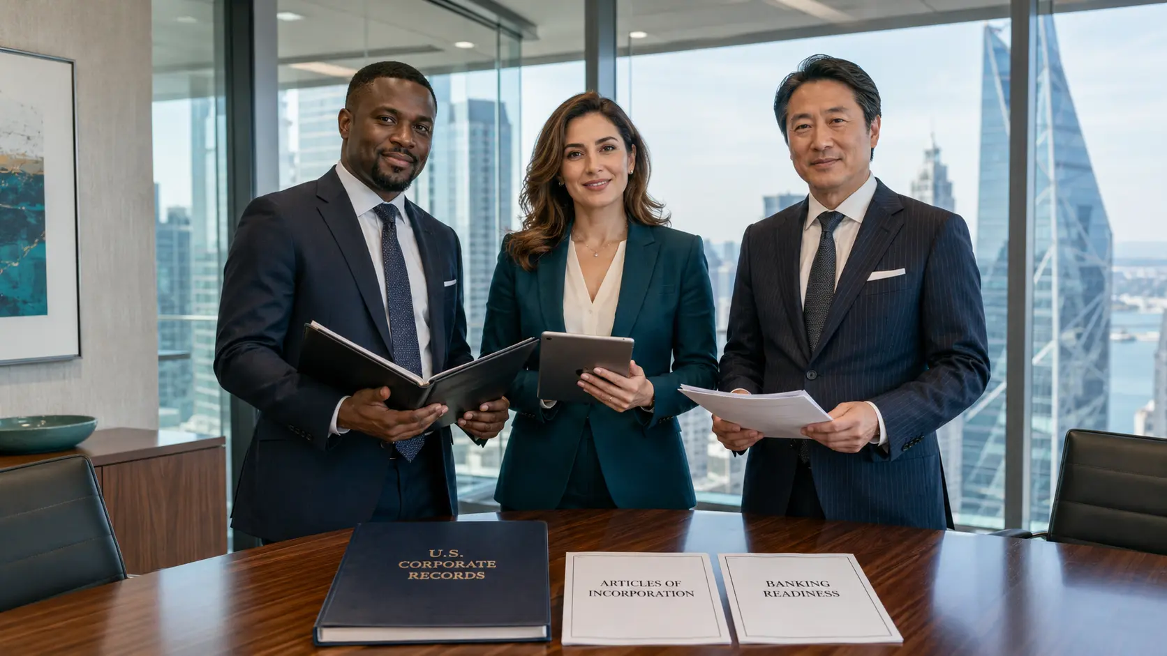 International executives with U.S. corporate records, Articles of Incorporation, and banking-readiness documents