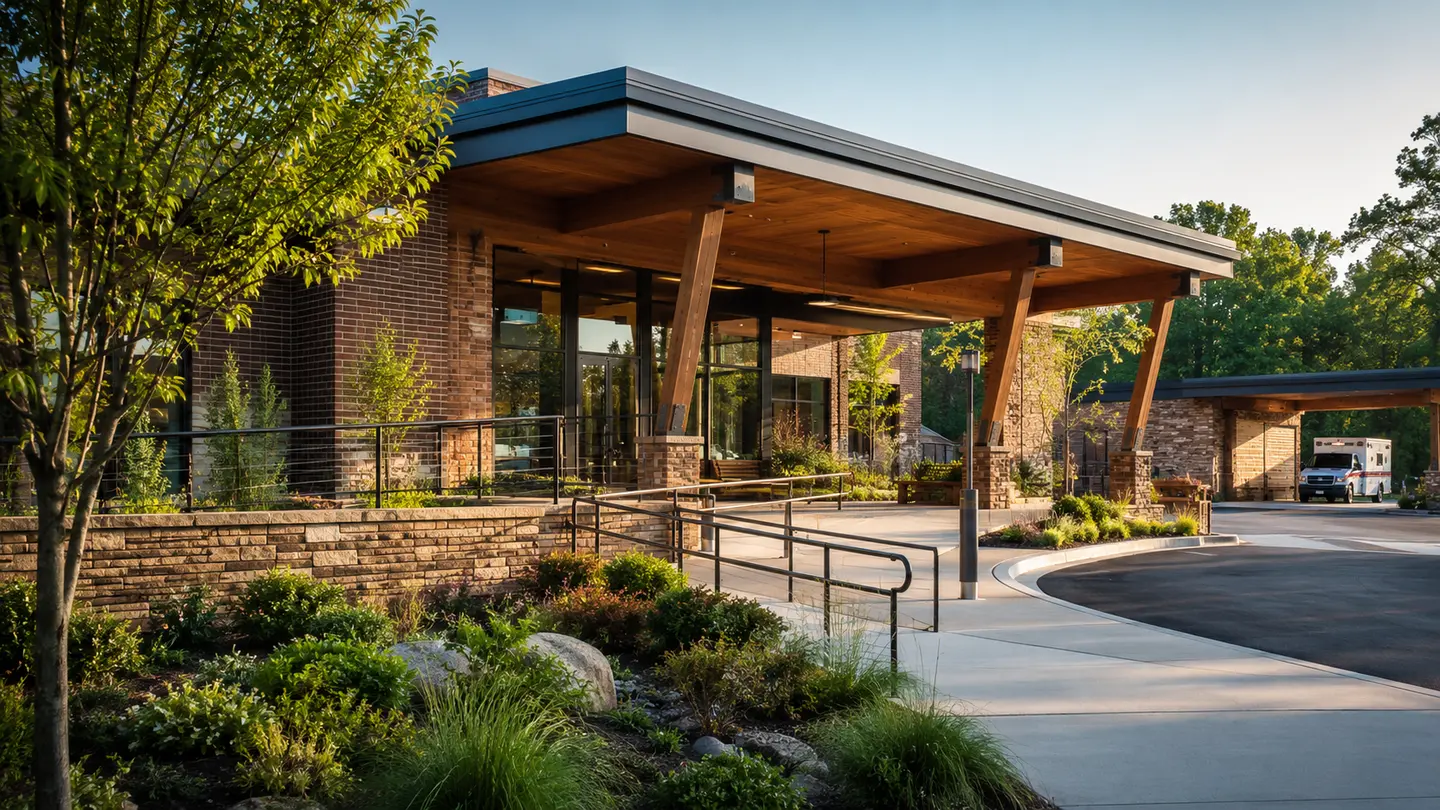 People-free community nonprofit health center with an accessible entrance and welcoming landscaping