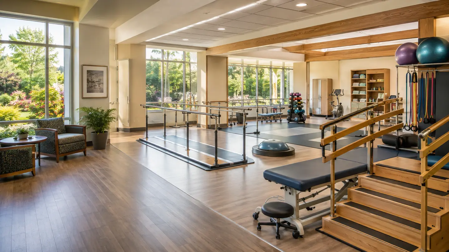 People-free rehabilitation therapy gym with parallel bars, mobility equipment, and a healing garden
