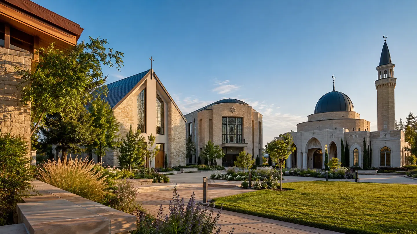 People-free interfaith campus with equally prominent church, synagogue, and mosque architecture around a shared courtyard