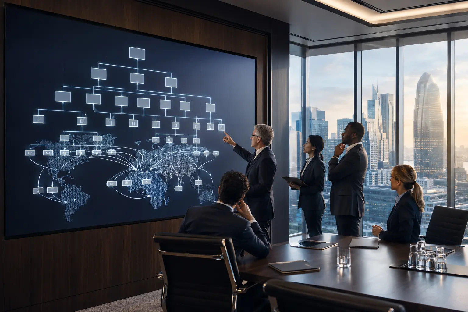 Cross-border advisers reviewing a multinational ownership structure in an international boardroom