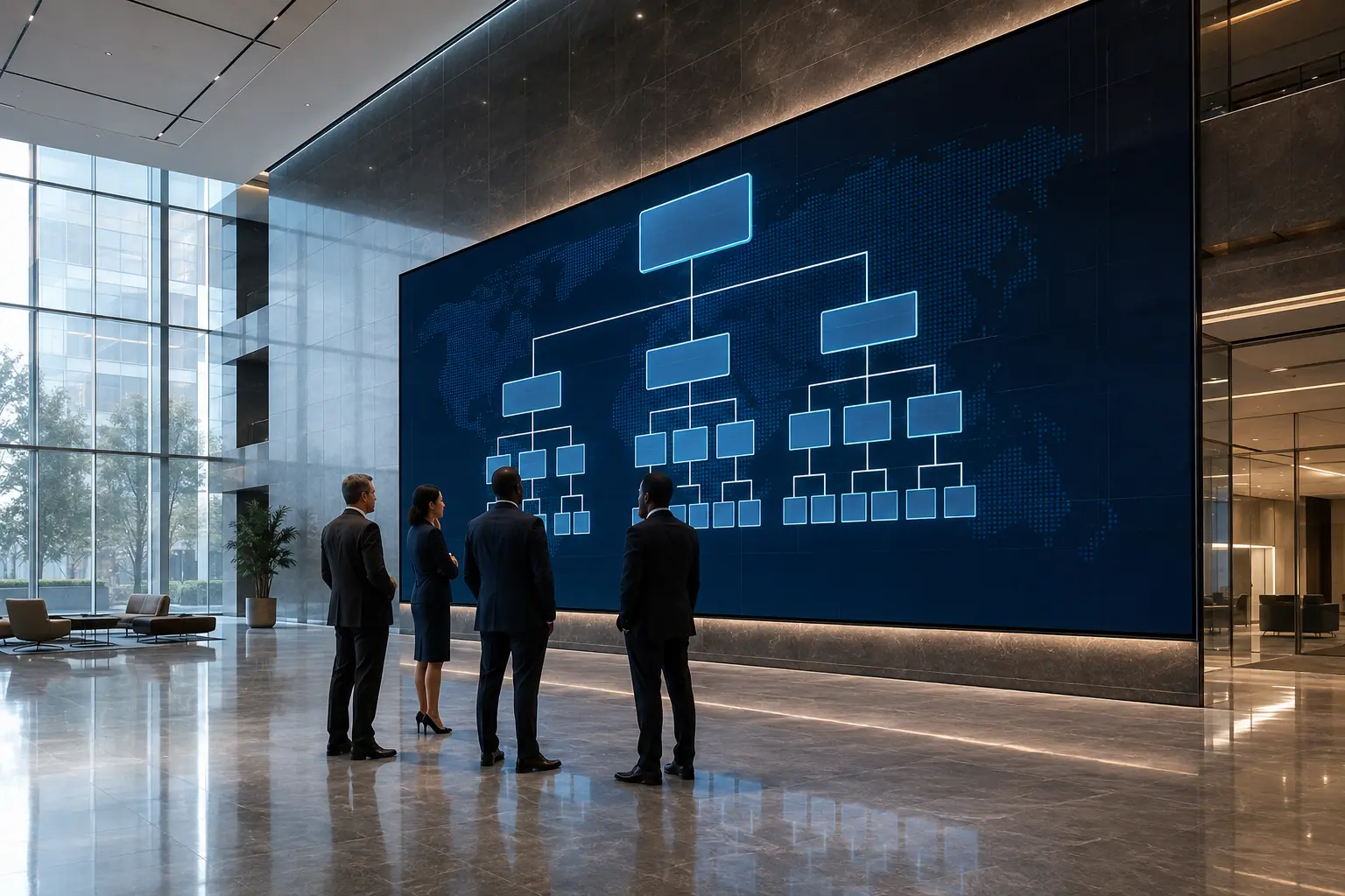 International executives reviewing a holding company and subsidiary structure on a giant LED wall in a global headquarters lobby