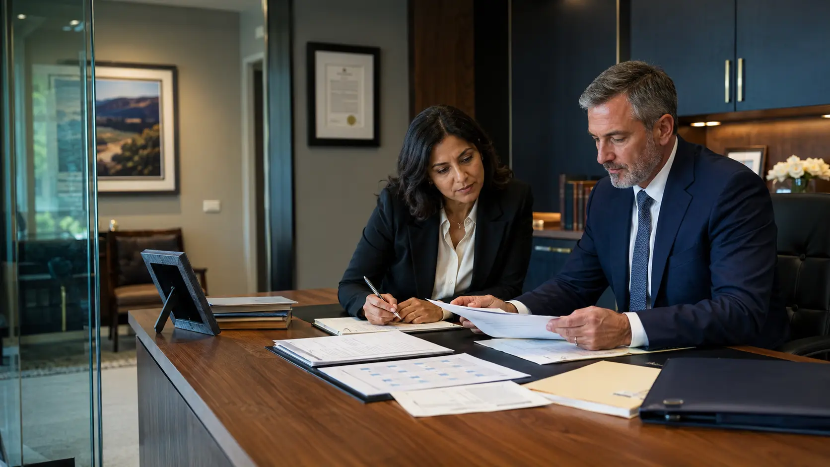Trustee and estate-planning lawyer reviewing life insurance trust administration records
