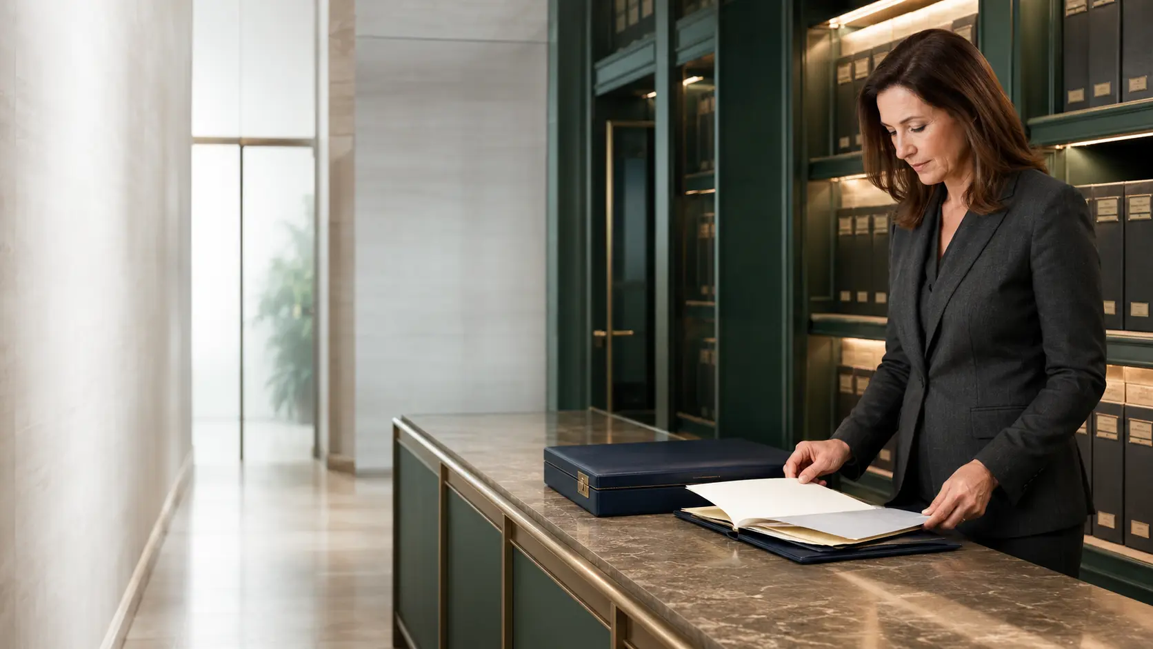 Professional fiduciary reviewing an organized trust file in a secure private records archive