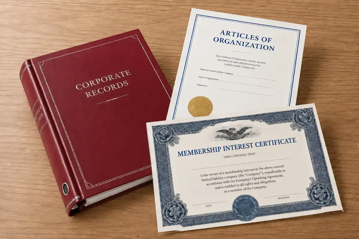 Articles of Organization, membership certificate, and company records binder