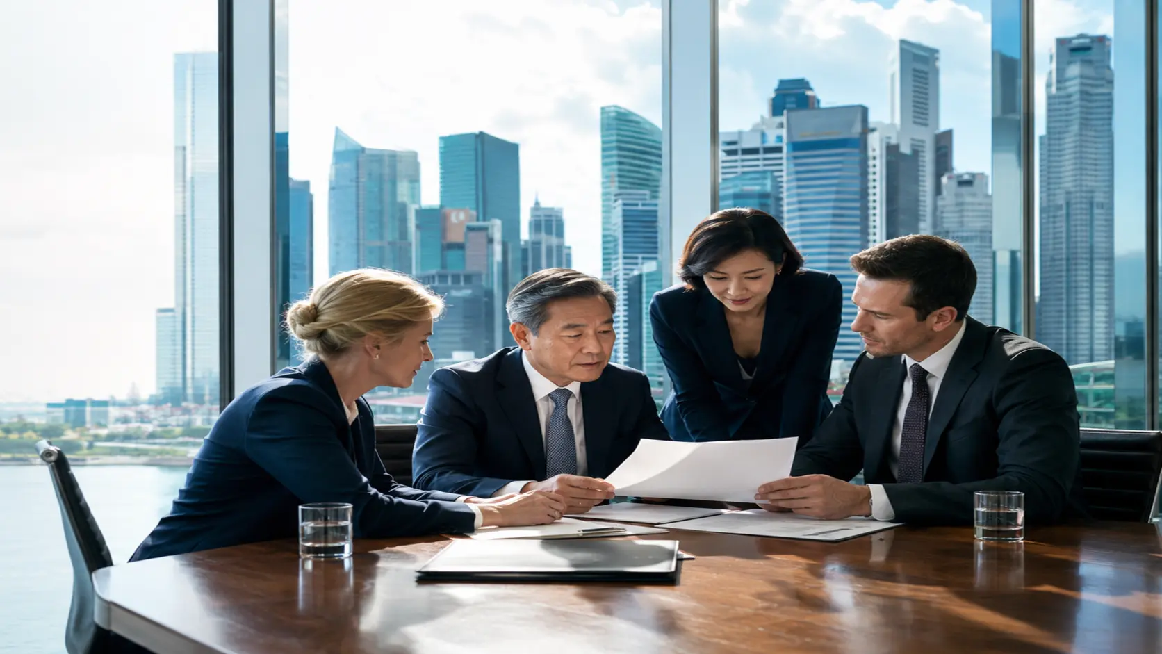 International corporate advisers reviewing incorporation and shareholder documents in a global financial center