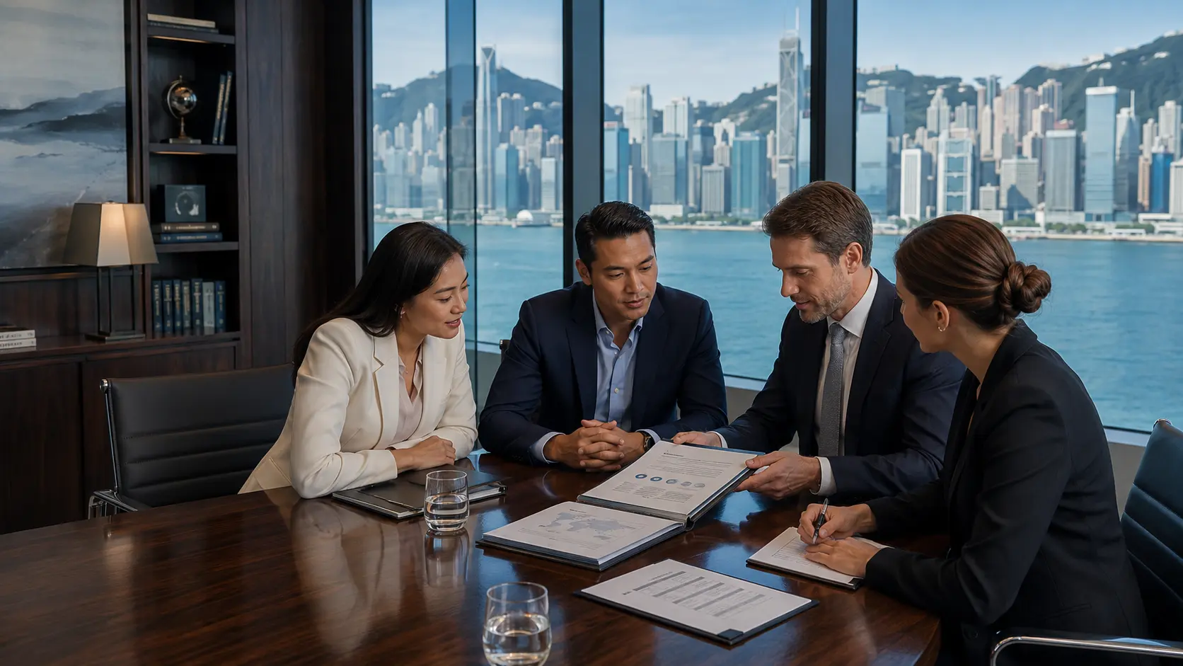 International business advisers meeting with entrepreneurs to organize an offshore LLC