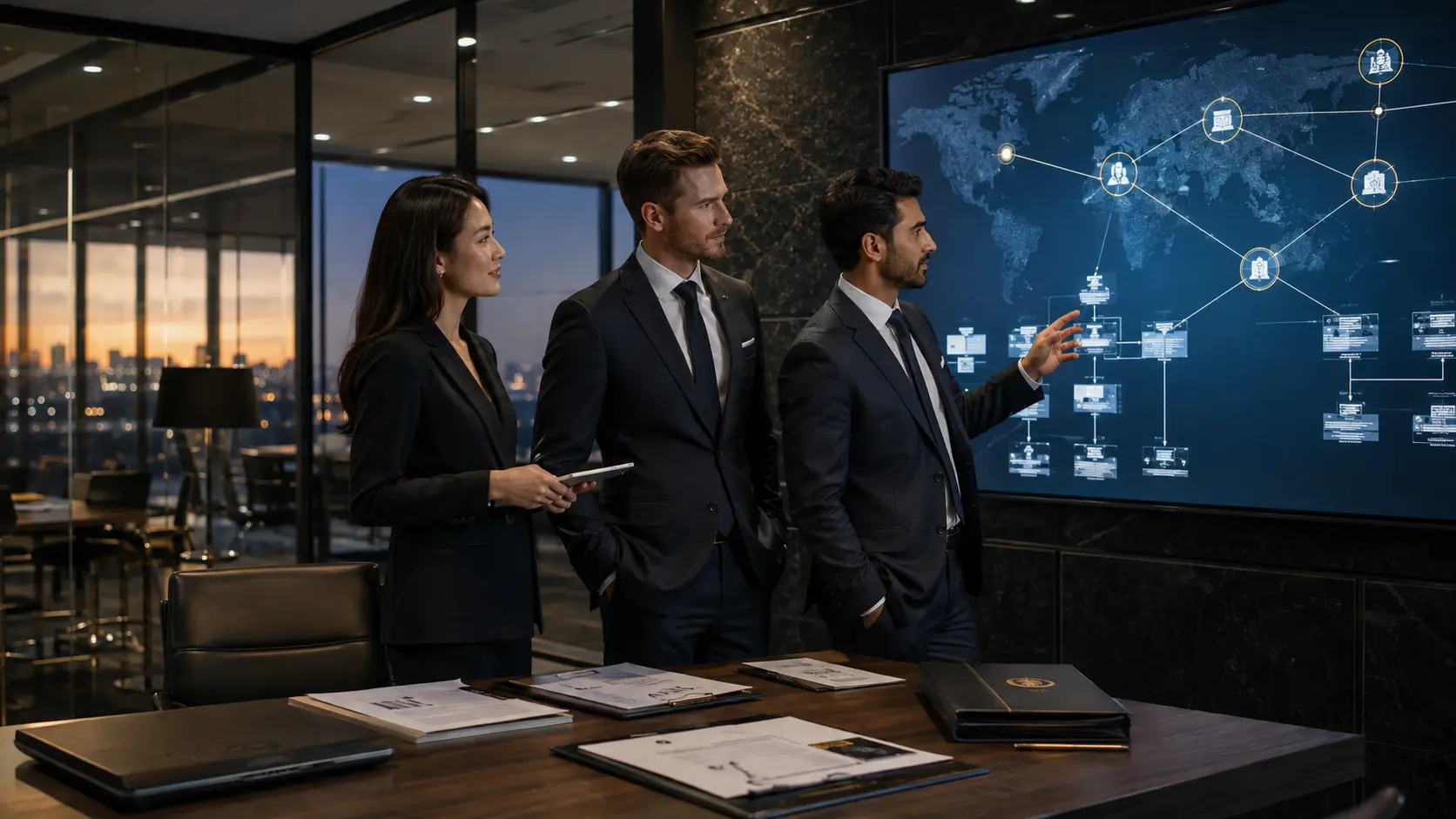 Corporate and compliance professionals reviewing a global multi-jurisdiction company structure