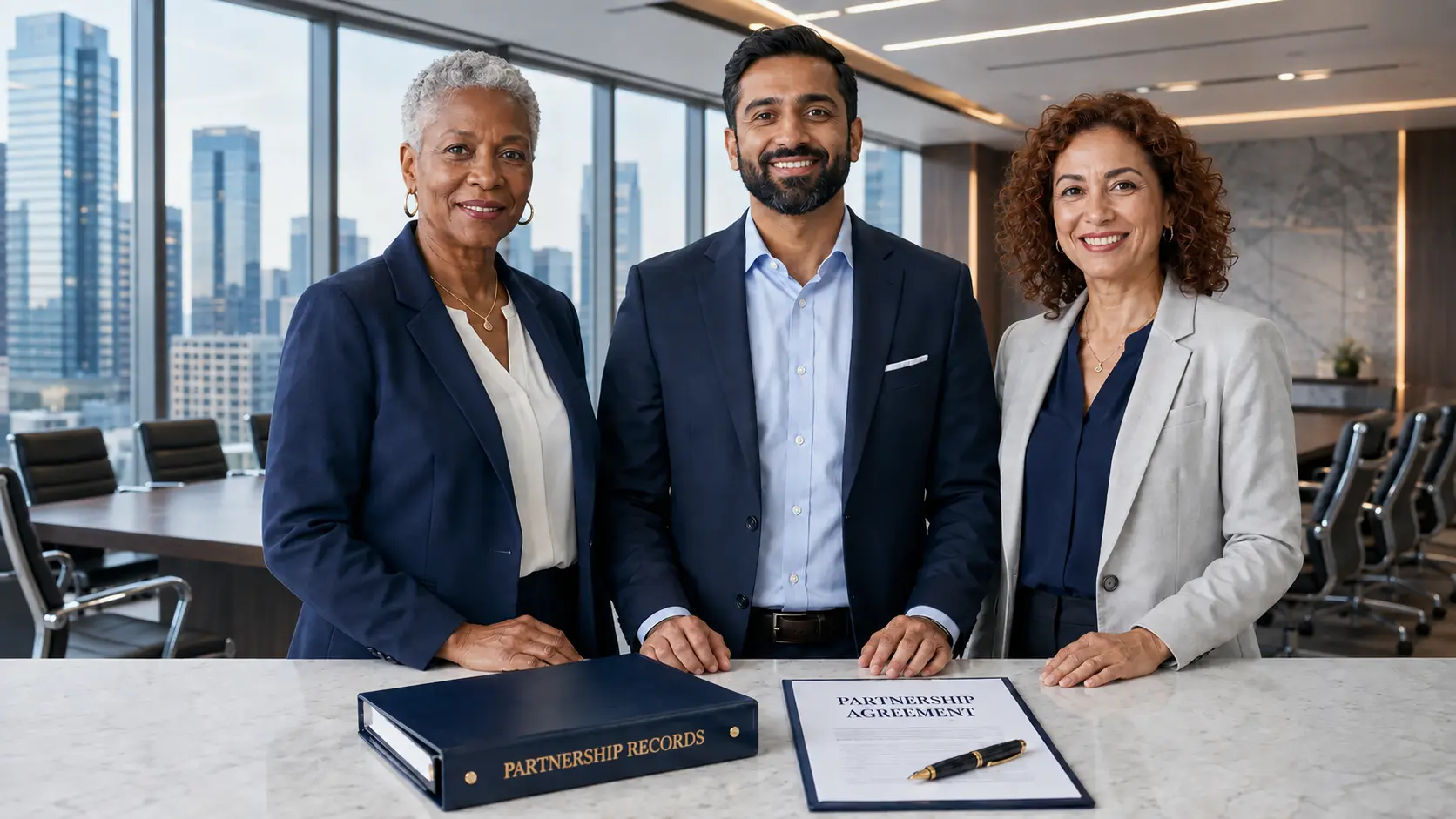 Business partners with partnership records and a partnership agreement