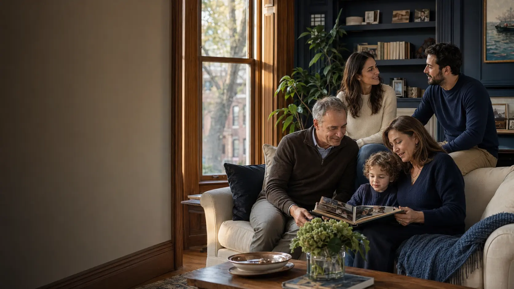 Multigenerational family sharing a photo album together in a warm urban home
