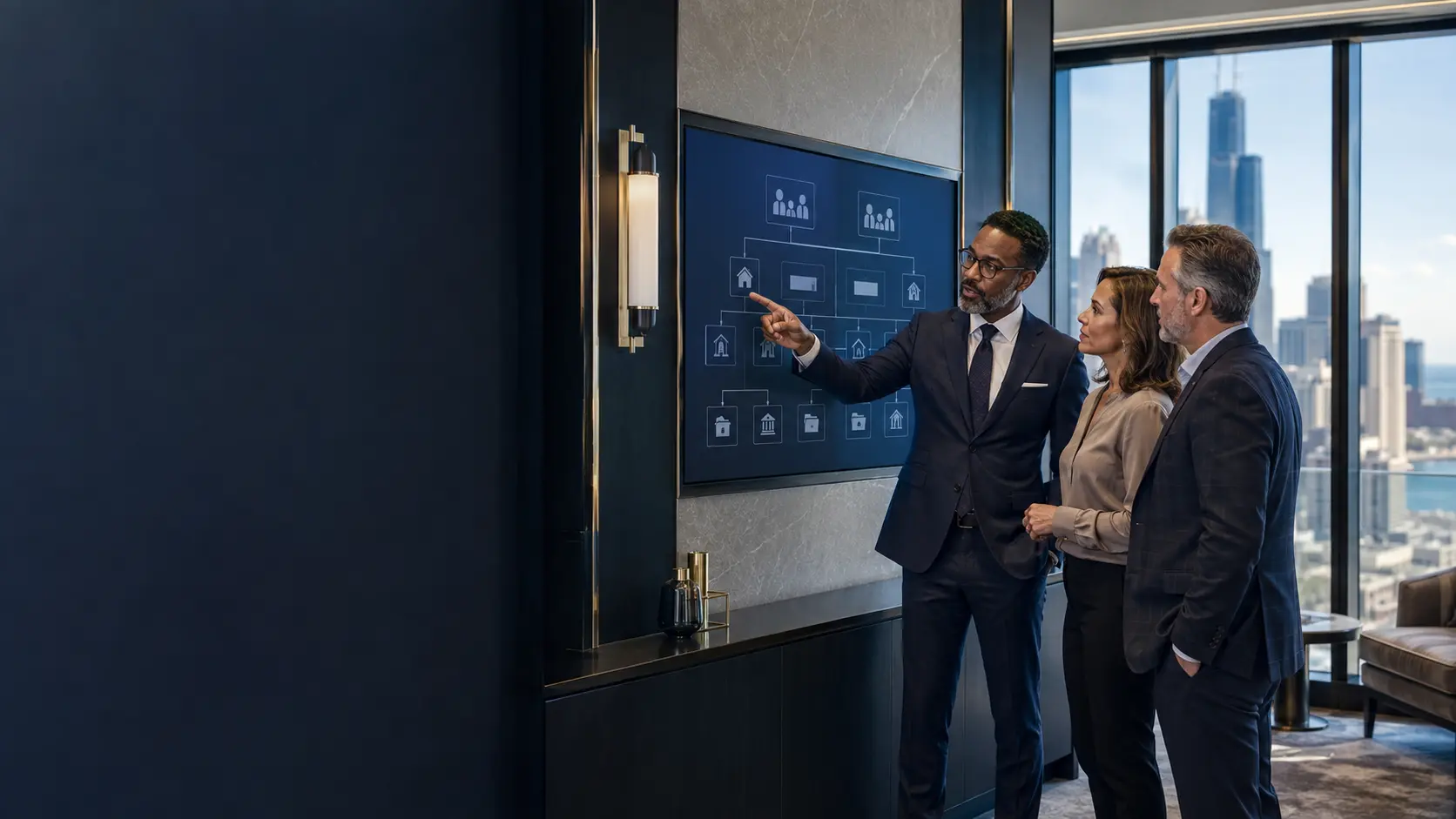 Estate-planning professional guiding a couple through a digital family estate map in a contemporary city advisory suite