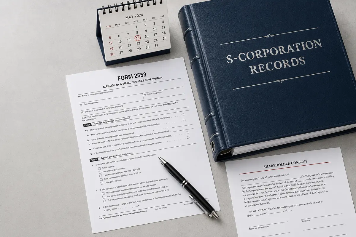 S-Corporation records binder, IRS Form 2553, shareholder consent, pen, and filing calendar