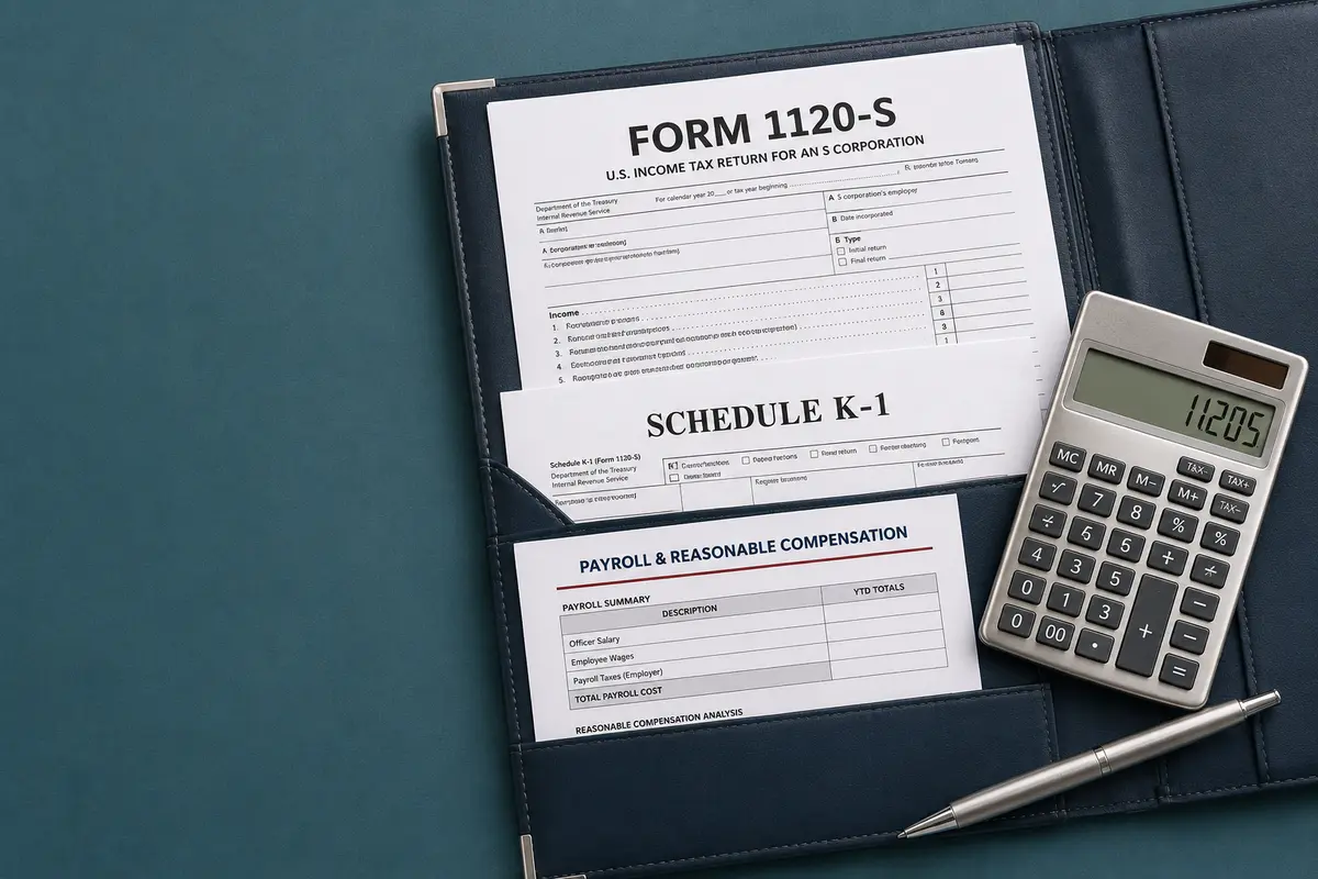 IRS Form 1120-S, Schedule K-1, payroll and reasonable-compensation worksheet, calculator, and pen