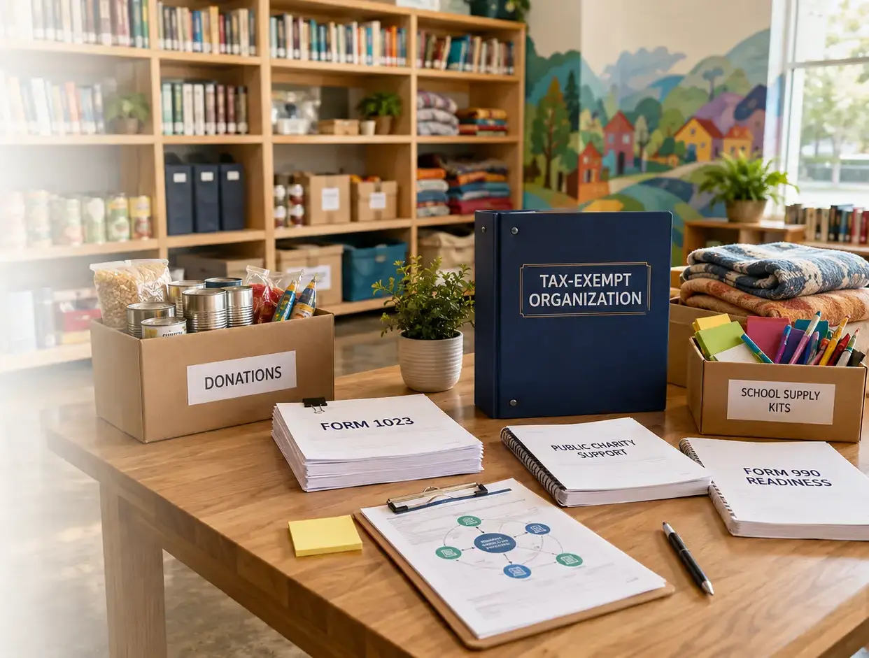 Tax-exempt organization records and charitable supplies in a community resource center