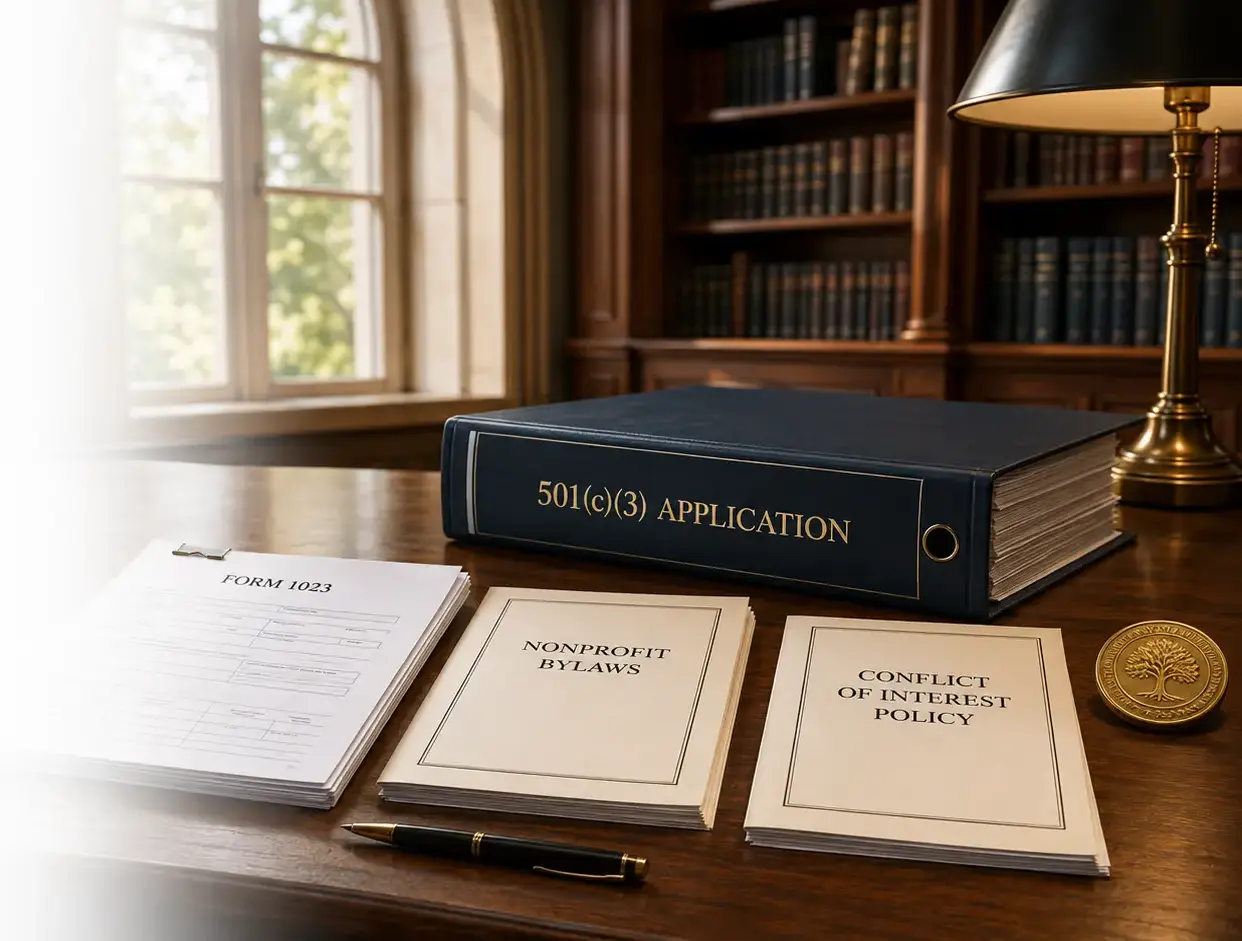 Form 1023, nonprofit bylaws, and conflict-of-interest policy arranged in a civic library