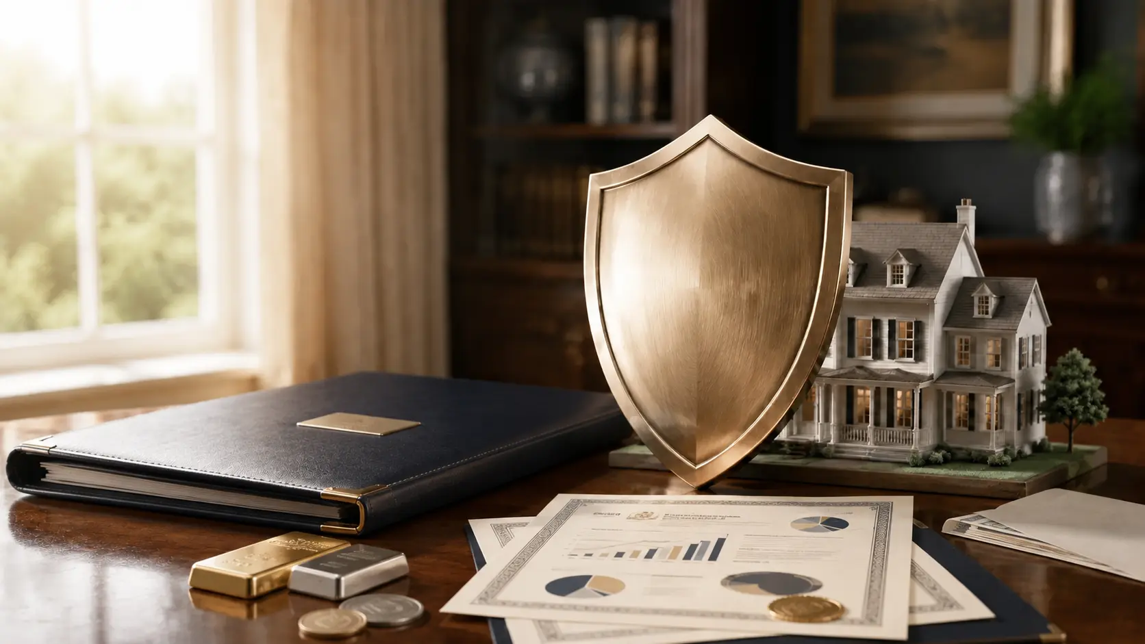 Brushed-brass shield protecting a model home, investment documents, business interests, and restrained gold and silver holdings