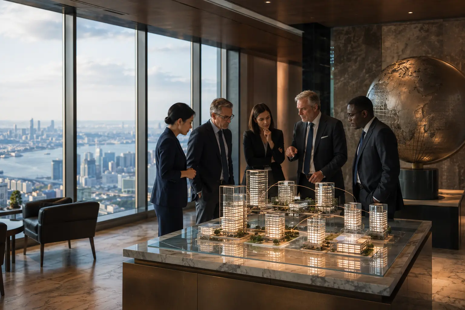 International advisers reviewing a physical model of connected U.S. and foreign business entities