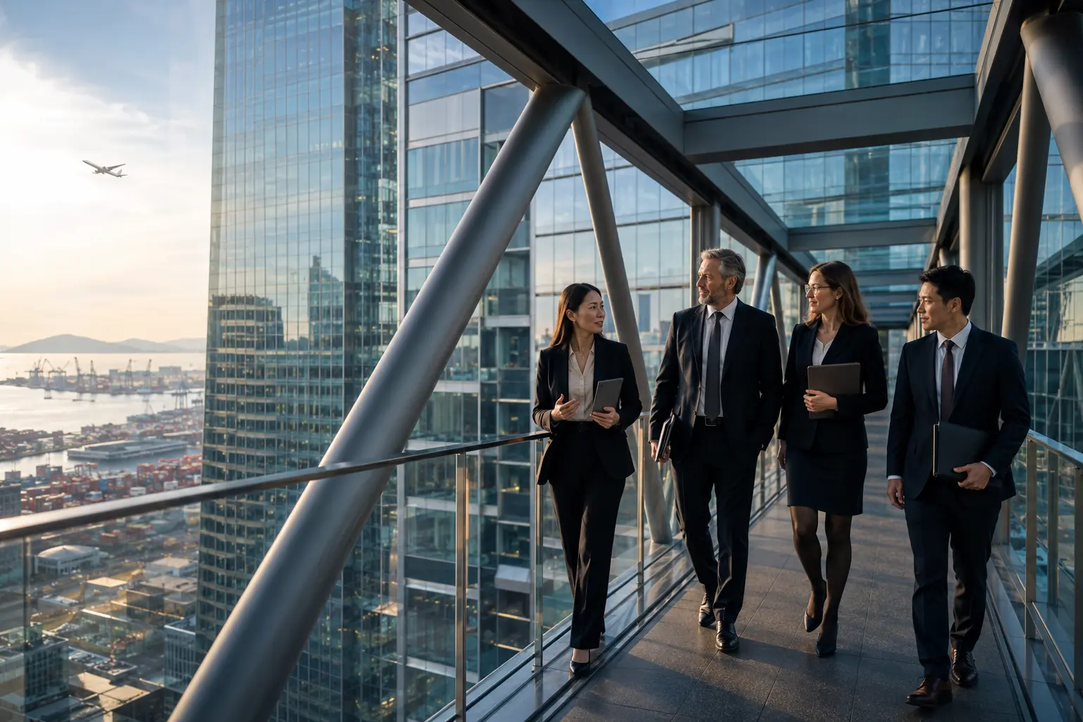 International executives crossing a skybridge between connected corporate towers above a global port